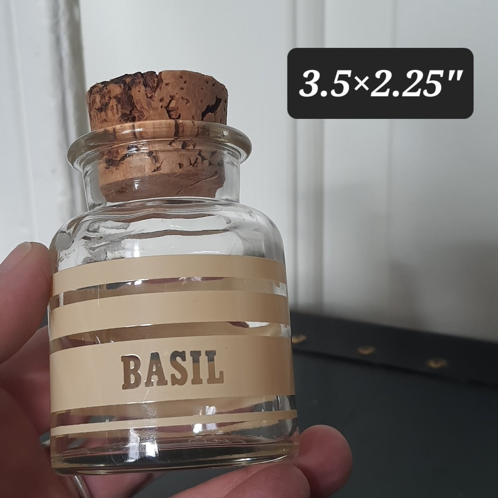 Vintage Wheaton Glass Bottle With Cork Lid Beige Striped BASIL Spice Jar Retro